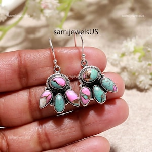 Pink cotton candy Turquoise Silver Drop Earrings Handcrafted Jewelry image 1