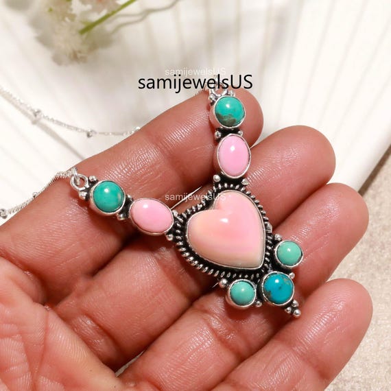 Arizona Turquoise Pink Conch Necklace 925 Sterling Silver December Birthstone Party Wear Jewelry