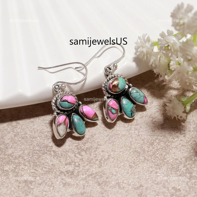 Pink cotton candy Turquoise Silver Drop Earrings Handcrafted Jewelry image 3