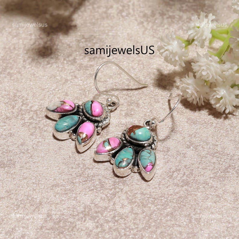 Pink cotton candy Turquoise Silver Drop Earrings Handcrafted Jewelry image 4