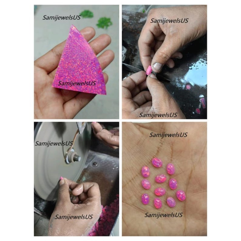 Puede incluir: Un &oacute;palo rosa triangular con motas iridiscentes, mostrado junto al proceso de dar forma y pulir peque&ntilde;os cabujones ovalados de &oacute;palo rosa en una muela abrasiva. El texto SamiJewelsUS aparece varias veces en los cuatro paneles.
