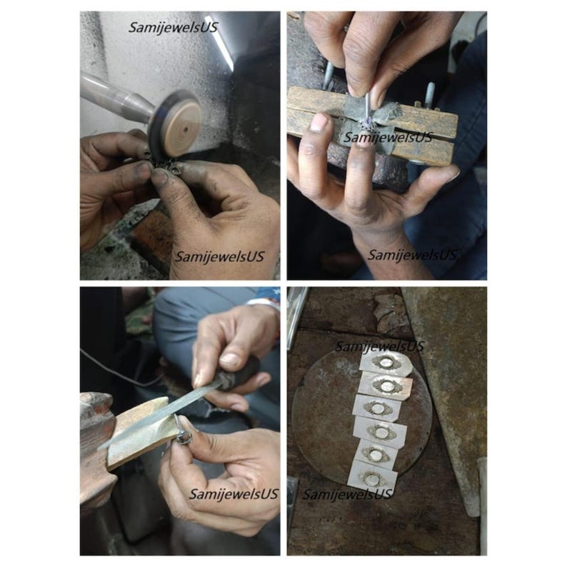Puede incluir: Un collage de cuatro partes que muestra procesos de fabricaci&oacute;n de joyas: pulido de una pieza met&aacute;lica peque&ntilde;a con una rueda, engaste de una piedra en una montura, limado de un componente met&aacute;lico y seis engastes circulares de metal terminados.