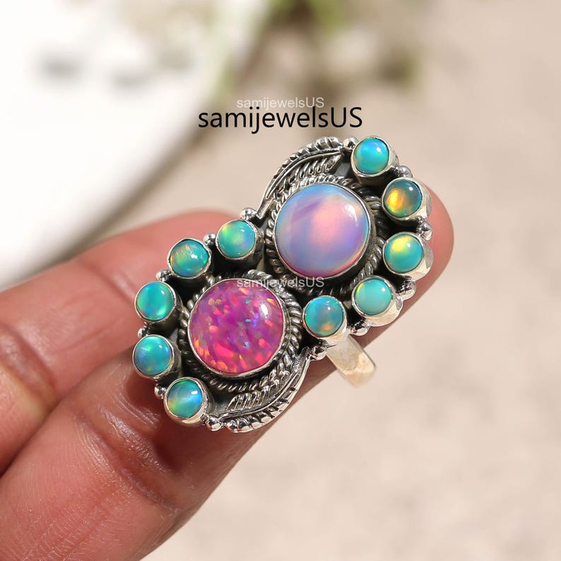 Aurora Opal Handcrafted Ring 925 Sterling Silver Pink Stone Jewelry Engagement, Gift for Her image 1