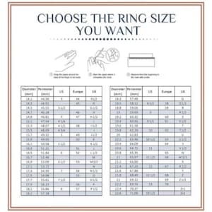 May include: Ring size chart with diameter and perimeter measurements in millimeters, US, Europe, and UK sizes. Includes instructions on how to measure finger size for rings. The chart helps determine the correct ring size.