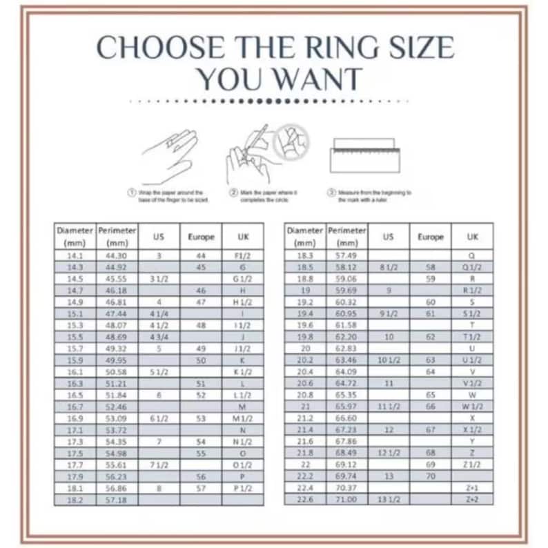 May include: Ring size chart with diameter and perimeter measurements in millimeters, US, Europe, and UK sizes. Includes instructions on how to measure finger size for rings. The chart helps determine the correct ring size.