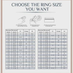 Puede incluir: Una tabla de tallas de anillos con el texto "ELIGE LA TALLA DE ANILLO QUE QUIERES." Incluye diagramas para medir el tama&ntilde;o del dedo. Muestra el di&aacute;metro y el per&iacute;metro del anillo en mm, con las tallas de EE. UU., Europa y Reino Unido correspondientes.
