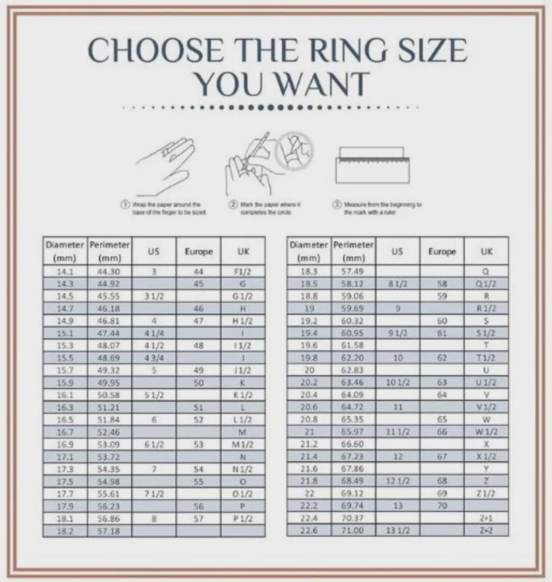 Puede incluir: Una tabla de tallas de anillos con el texto "ELIGE LA TALLA DE ANILLO QUE QUIERES." Incluye diagramas para medir el tama&ntilde;o del dedo. Muestra el di&aacute;metro y el per&iacute;metro del anillo en mm, con las tallas de EE. UU., Europa y Reino Unido correspondientes.