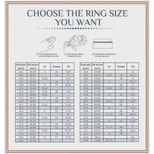 Puede incluir: Una tabla de conversi&oacute;n de tallas de anillo titulada CHOOSE THE RING SIZE YOU WANT. Incluye tres ilustraciones de l&iacute;nea que muestran c&oacute;mo medir un dedo con papel y una regla, seguidas de dos tablas detalladas que enumeran el di&aacute;metro en mm, el per&iacute;metro en mm y las tallas de EE. UU., Europa y Reino Unido.