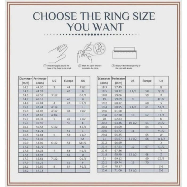 Puede incluir: Una tabla de conversi&oacute;n de tallas de anillo titulada CHOOSE THE RING SIZE YOU WANT. Incluye tres ilustraciones de l&iacute;nea que muestran c&oacute;mo medir un dedo con papel y una regla, seguidas de dos tablas detalladas que enumeran el di&aacute;metro en mm, el per&iacute;metro en mm y las tallas de EE. UU., Europa y Reino Unido.