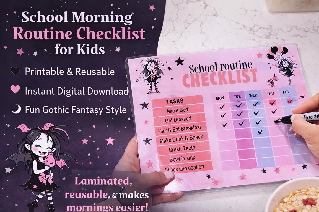 Kids Morning Routine Chart | Gothic Fantasy, Pink & Black (printable ...
