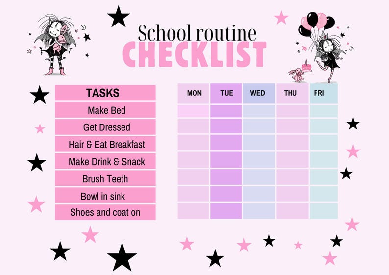 Kids Morning Routine Chart | Gothic Fantasy, Pink & Black (printable ...