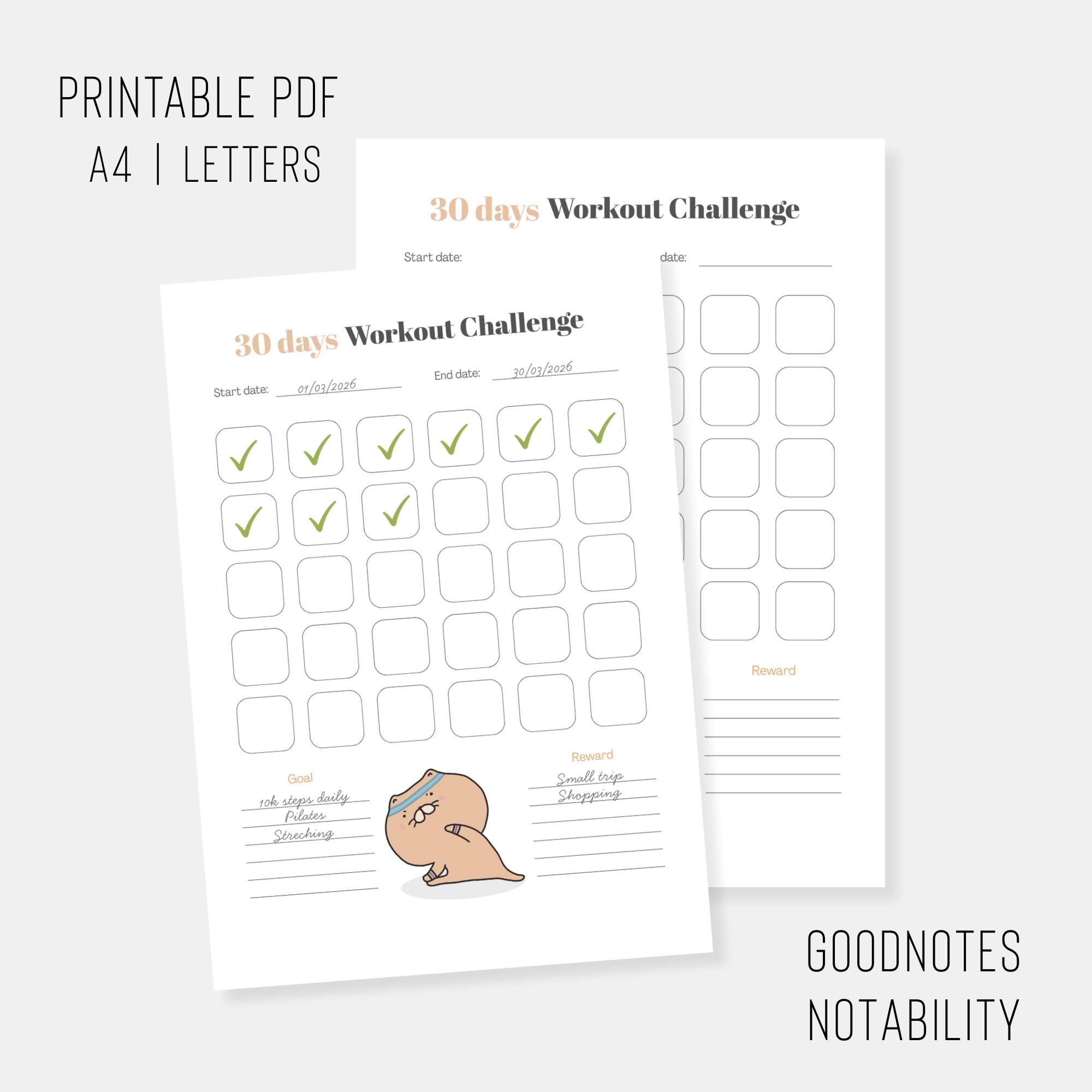 30 Day Workout Challenge Printable PDF | Fitness Tracker Goal Reward A4 ...