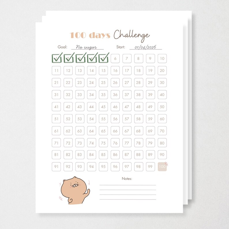 100 Day Challenge Tracker Printable PDF | Habit Goal Reward Fitness ...