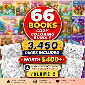 Puede incluir: Un paquete digital de 66 libros para colorear con 3.450 páginas. El gráfico presenta un círculo rojo grande con el texto 66 BOOKS COZY COLORING BUNDLE, una pancarta amarilla que indica 3.450 PAGES INCLUDED y una roja con WORTH $400+.