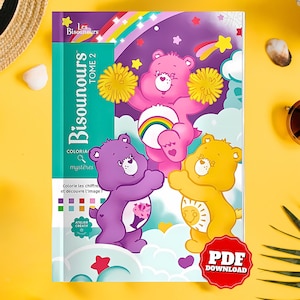 以下が含まれることがあります： Les Bisounours Tome 2というタイトルの塗り絵で、ピンク、紫、黄色のケアベアが3体描かれています。表紙には虹、星、雲がデザインされています。隅にある赤いバッジにはPDF DOWNLOADと書かれています。カラーコードとテキストが含まれています。