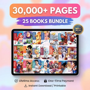 Könnte beinhalten: Ein digitaler Tablet-Bildschirm zeigt eine Sammlung von 25 Disney-Büchern mit über 30.000 Seiten. Das Display enthält farbenfrohe Charakterillustrationen wie Ariel, Buzz Lightyear, Simba, Alice, Dumbo und Mickey Mouse. Der Text umfasst 30,000+ PAGES, 25 BOOKS BUNDLE, BEST SELLER, LIFETIME ACCESS, ONE-TIME PAYMENT und INSTANT DOWNLOAD / PRINTABLE.
