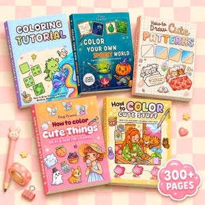 May include: A collection of colorful coloring books with titles like "Coloring Tutorial," "Color Your Own Spooky World," and "How to Draw Cute Patterns." The books feature illustrations of cute characters and patterns, with the text "300+ PAGES" on one book.