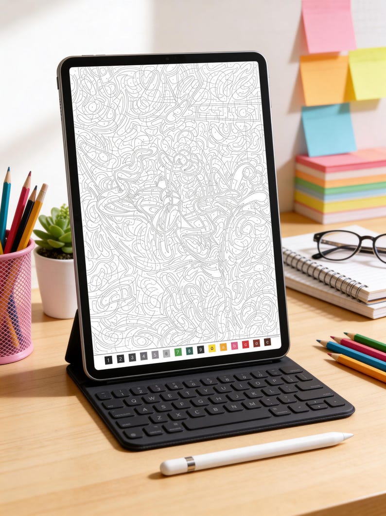 May include: A tablet computer with a black keyboard cover displaying a complex paint-by-number line art design on its screen. The interface includes a numbered color palette at the bottom. A white stylus rests on the surface in front of the device.
