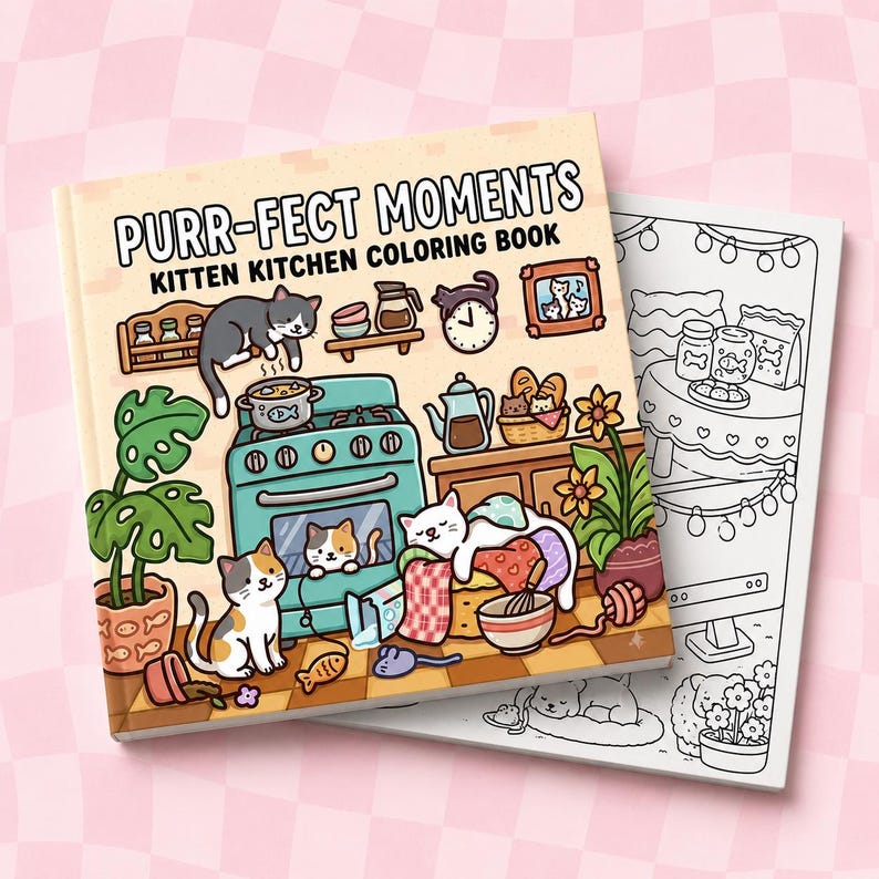 May include: A coloring book titled "Purr-fect Moments Kitten Kitchen Coloring Book" featuring a colorful illustration of a kitchen scene with cartoon cats. The open page shows a black and white line drawing of a kitchen table with food.