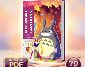 Libro para colorear por números: Dibujos animados de anime variados, 50 páginas en formato PDF digital.