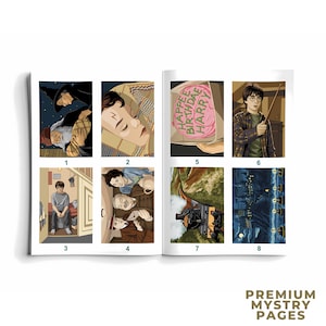 May include: An open book displaying eight numbered illustrations depicting scenes from a story. The panels show characters, a birthday cake with the text HAPPEE BIRTHDAE HARRY, a train, and a castle. The bottom right corner features the text PREMIUM MYSTRY PAGES.