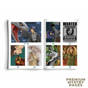 May include: An open book displaying illustrated pages with numbered panels featuring characters and scenes from a fantasy series, including a boy facing a serpent, a wanted poster for Sirius Black, a house elf, and a woman with curly hair.