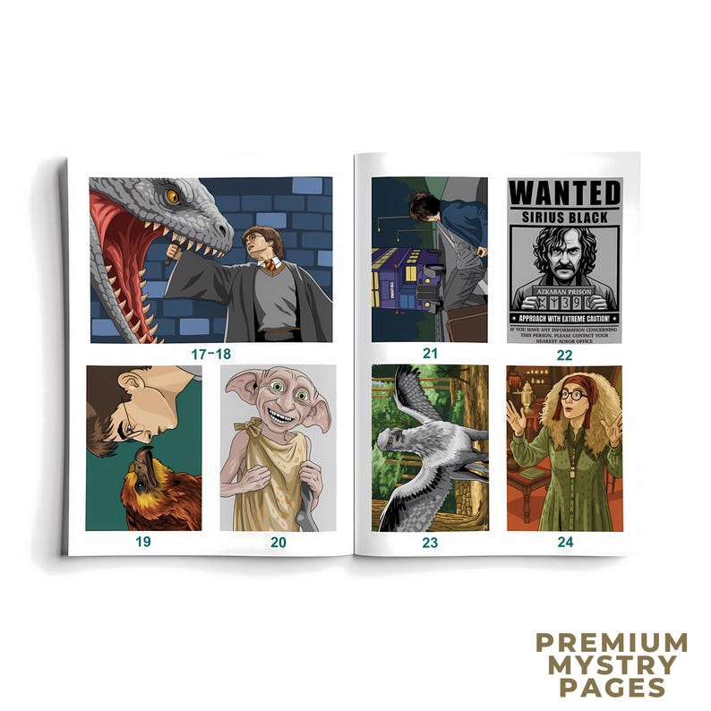 May include: An open book displaying illustrated pages with numbered panels featuring characters and scenes from a fantasy series, including a boy facing a serpent, a wanted poster for Sirius Black, a house elf, and a woman with curly hair.