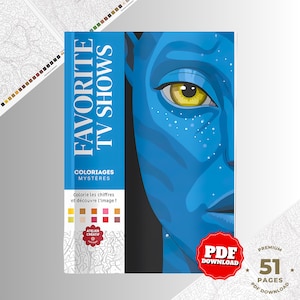 Könnte beinhalten: Ein Mystery-Malbuch mit dem Titel Favorite TV Shows, das eine blauhäutige Figur mit einem leuchtend gelben Auge auf dem Cover zeigt. Das Buch enthält 51 Seiten als PDF-Download mit Farbfeldern und nummerierten Linienkunstmustern.