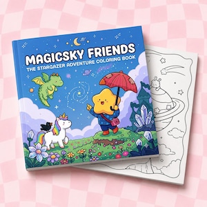 May include: A "Magicsky Friends" coloring book with a blue cover featuring cartoon illustrations of a star character, dragon, and unicorn. The open book shows a black and white coloring page with a planet and stars.