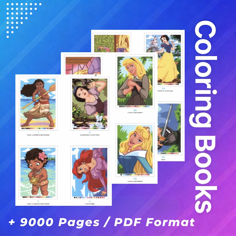 May include: A collection of digital coloring book pages featuring various animated characters in vibrant colors. The text "Coloring Books" and "+ 9000 Pages / PDF Format" is displayed on a blue and purple gradient background with white dot patterns.