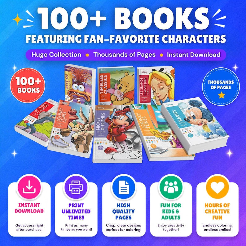 May include: A digital collection of 100+ books featuring Disney characters like Mickey Mouse, Winnie the Pooh, and Alice in Wonderland. The graphic includes text stating Instant Download, Thousands of Pages, and features icons for printing.