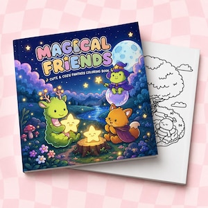 Puede incluir: Un libro para colorear cuadrado titulado Magical Friends Cute & Cozy Fantasy Coloring Book. La portada presenta una ilustraci&oacute;n colorida de un drag&oacute;n verde, un zorro y una rana en un bosque nocturno con estrellas brillantes.