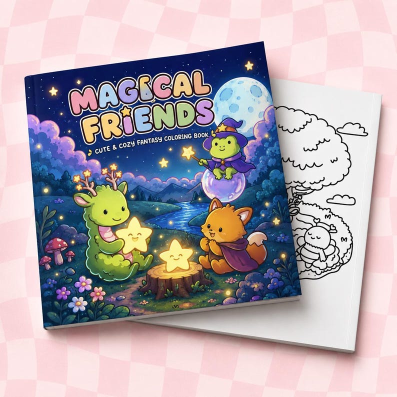 Puede incluir: Un libro para colorear cuadrado titulado Magical Friends Cute & Cozy Fantasy Coloring Book. La portada presenta una ilustraci&oacute;n colorida de un drag&oacute;n verde, un zorro y una rana en un bosque nocturno con estrellas brillantes.