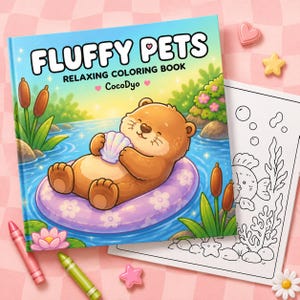 Puede incluir: Un libro de colorear cuadrado titulado Fluffy Pets Relaxing Coloring Book de CocoDyo, que muestra una nutria marr&oacute;n flotando sobre un flotador morado con flores en agua azul, sosteniendo una concha. Al lado hay una p&aacute;gina de arte lineal en blanco y negro.