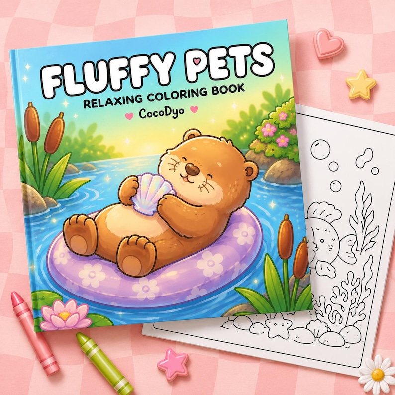 Puede incluir: Un libro de colorear cuadrado titulado Fluffy Pets Relaxing Coloring Book de CocoDyo, que muestra una nutria marr&oacute;n flotando sobre un flotador morado con flores en agua azul, sosteniendo una concha. Al lado hay una p&aacute;gina de arte lineal en blanco y negro.