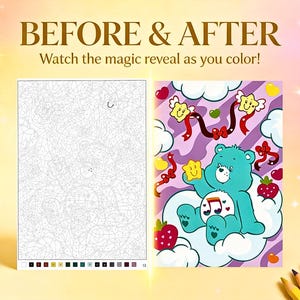 May include: A before and after coloring page set featuring a complex line art puzzle on the left and a finished colorful illustration on the right. The colored image depicts a teal bear sitting on a cloud with stars, strawberries, and ribbons.