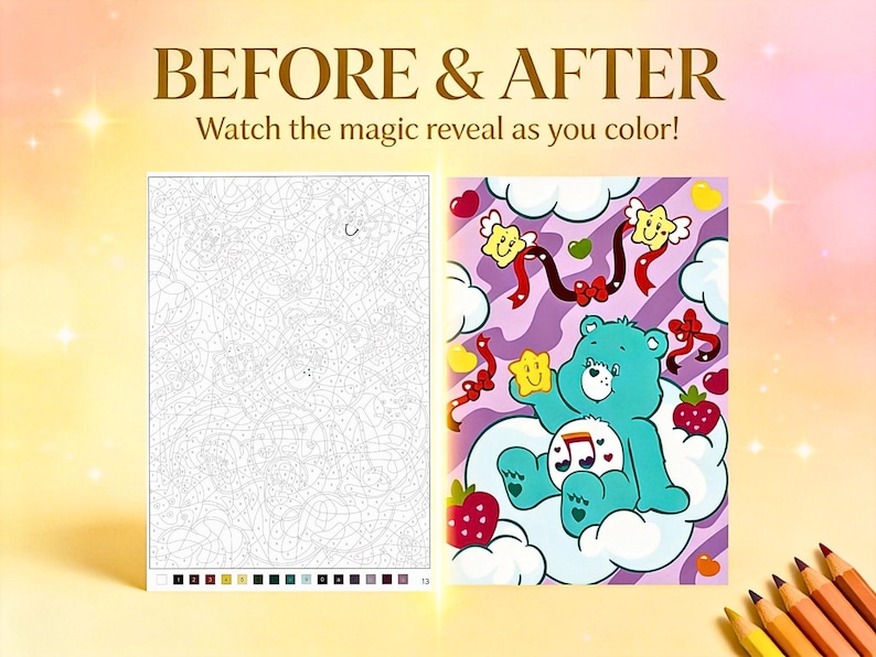 May include: A before and after coloring page set featuring a complex line art puzzle on the left and a finished colorful illustration on the right. The colored image depicts a teal bear sitting on a cloud with stars, strawberries, and ribbons.