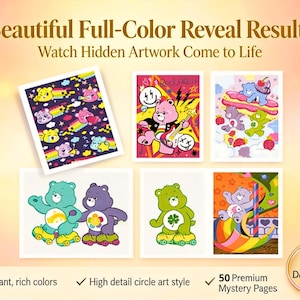 May include: A collection of six colorful illustrations featuring Care Bears characters in various scenes, including roller skating, playing guitar, and eating strawberries. The text reads Beautiful Full-Color Reveal Results, Watch Hidden Artwork Come to Life, and Instant PDF Download.