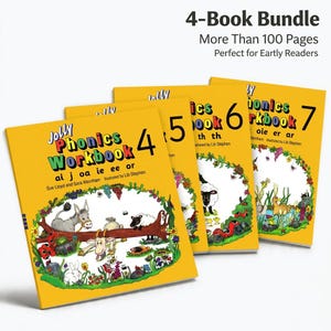 Può includere: Un set di 4 quaderni di esercizi Jolly Phonics numerati 4, 5, 6 e 7. Ogni libro con copertina flessibile gialla presenta illustrazioni colorate di animali e piante, con il testo "Jolly Phonics Workbook" e "4-Book Bundle More Than 100 Pages".