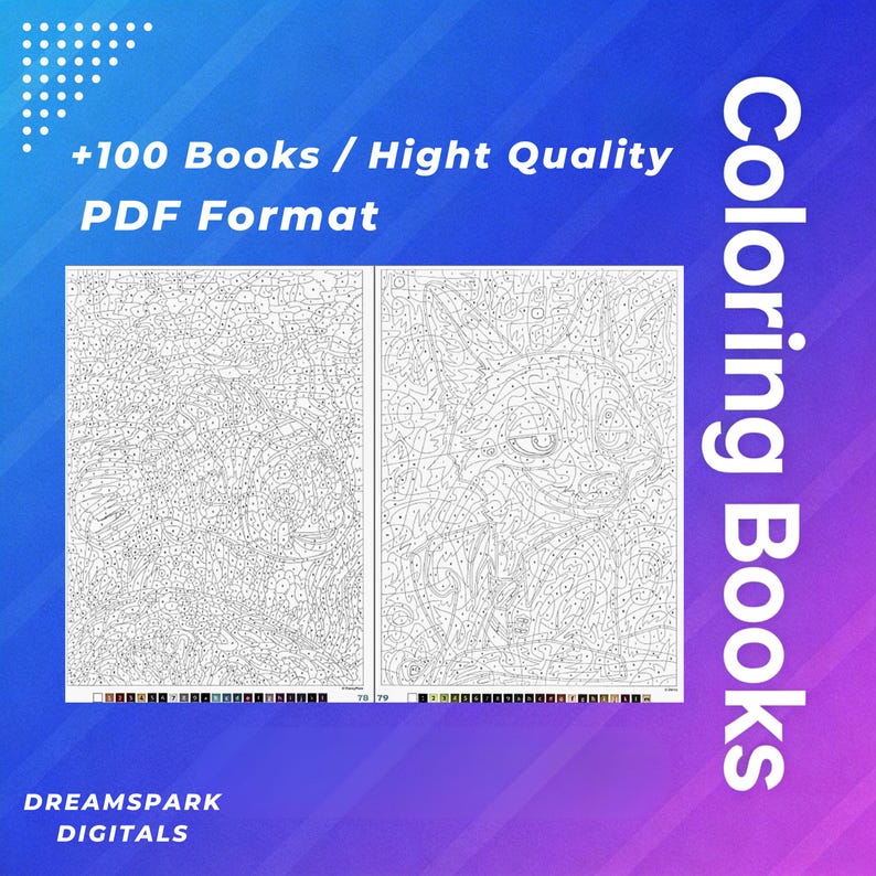 May include: A digital collection of over 100 coloring books in PDF format. The image displays two pages with intricate line art designs featuring a fish and a fox, each containing numbered sections. Text includes +100 Books / Hight Quality PDF Format, Coloring Books, and DREAMSPARK DIGITALS.