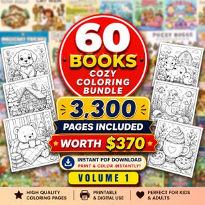Cozy Coloring Book Bundle , 60 coloring books , 3300 Bold & Easy Pages (Digital Download)