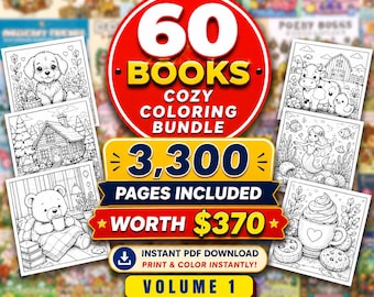 Paquete de libros para colorear acogedores, 60 libros para colorear, 3300 páginas llamativas y fáciles (descarga digital)