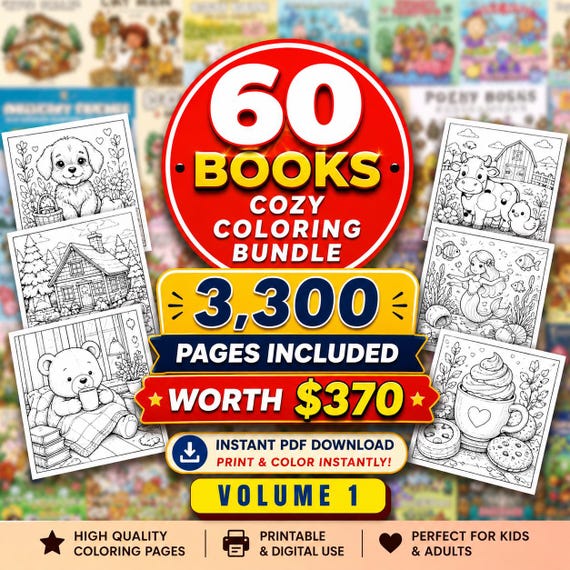 Cozy Coloring Book Bundle , 60 coloring books , 3300 Bold & Easy Pages (Digital Download)
