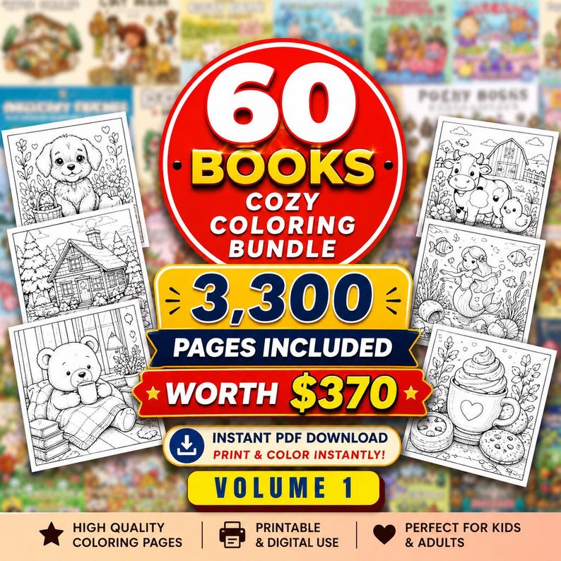 May include: A collection of over 60 cozy coloring books with various themes, including cats, dogs, and cozy moments. The image features colorful illustrations and the text "60 Cozy Coloring Books" in a red circle, with the words "High Quality Coloring Pages" and "Instant PDF Download" at the bottom.