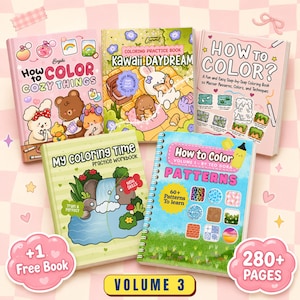 May include: An assortment of colouring books with titles including "How to Color Cozy Things" and "Kawaii Daydream." The books feature cute illustrations and the text "Volume 3" is visible. The image also includes the text "+1 Free Book" and "280+ Pages."