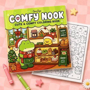 May include: A "Comfy Nook" coloring book with a green cover featuring a cartoon bakery scene with a frog and a duck. Includes a coloring page, pink and green crayons, and star-shaped erasers. The book's title is in large, bold letters.