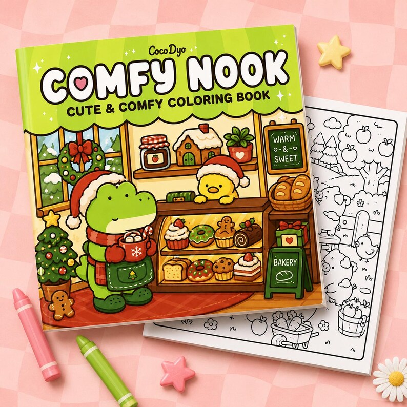 May include: A "Comfy Nook" coloring book with a green cover featuring a cartoon bakery scene with a frog and a duck. Includes a coloring page, pink and green crayons, and star-shaped erasers. The book's title is in large, bold letters.