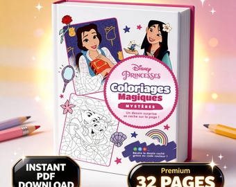 Disney Princess Mystery Color By Number Printable PDF – 32 Magical Pages – Belle Mulan Ariel – Color by Number Book – Instant Download