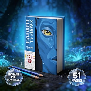 May include: A coloring book titled FAVORITE TV SHOWS with a blue cover featuring a close-up illustration of a blue character with a yellow eye. The cover includes the text COLORIAGES MYSTERES, a color palette, and the phrase Colorie les chiffres et découvre l'image. Two blue pencils are placed in front of the book, and two badges indicate Instant PDF Download and 51 Pages.