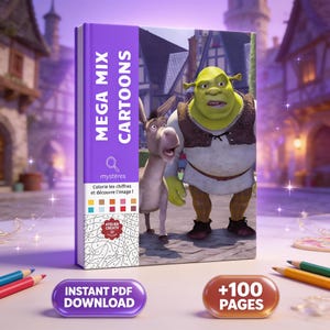 Op de afbeelding: Een kleur-op-nummer boek getiteld Mega Mix Cartoons met Shrek en Ezel op de kaft. De paarse rug toont de titel, een vergrootglasicoon en de tekst mystères. Daaronder staat Colorie les chiffres et découvre l'image!